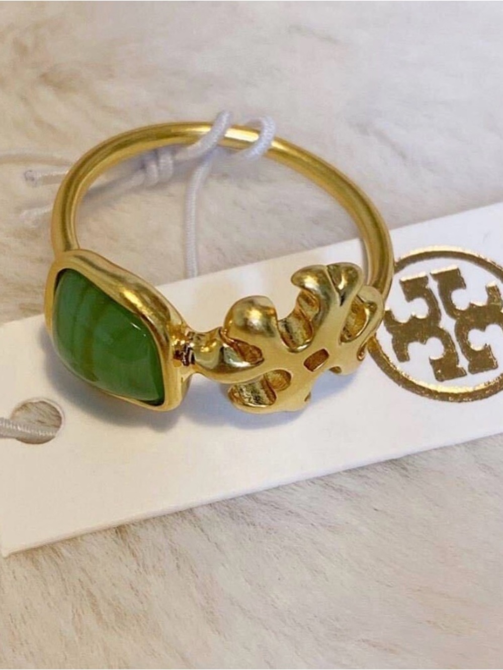 Tory Burch Logo Monogram Size 8 Ring Green Aventurine Stone Gold AUTHENTIC